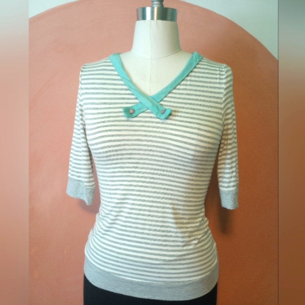 ANTHROPOLOGIE Comme Toi Nautical Stripe 3/4 Boat Neck Top M L